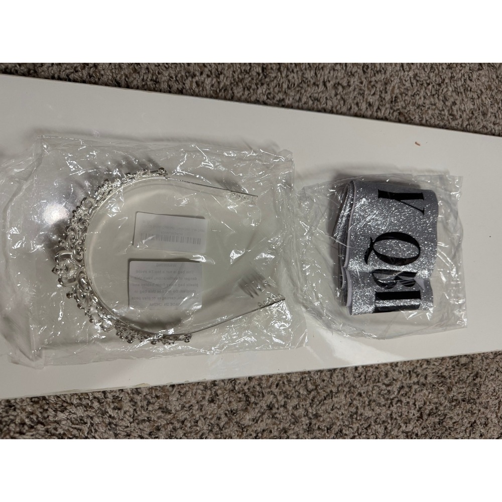 COCIDE Birthday Queen Silver Tiara Rhinestone Crown and Glitter Sash Set New